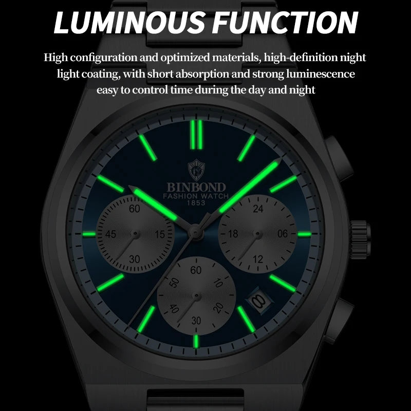 BINBOND B203 men’s chronograph watch in stainless steel, stopwatch, and full calendar