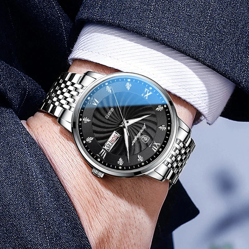 Two-tone quartz watch for men with black dial and stainless steel bracelet