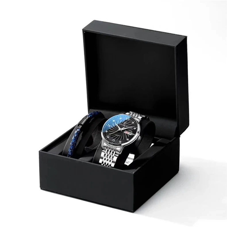 Two-tone quartz watch for men with black dial and stainless steel bracelet