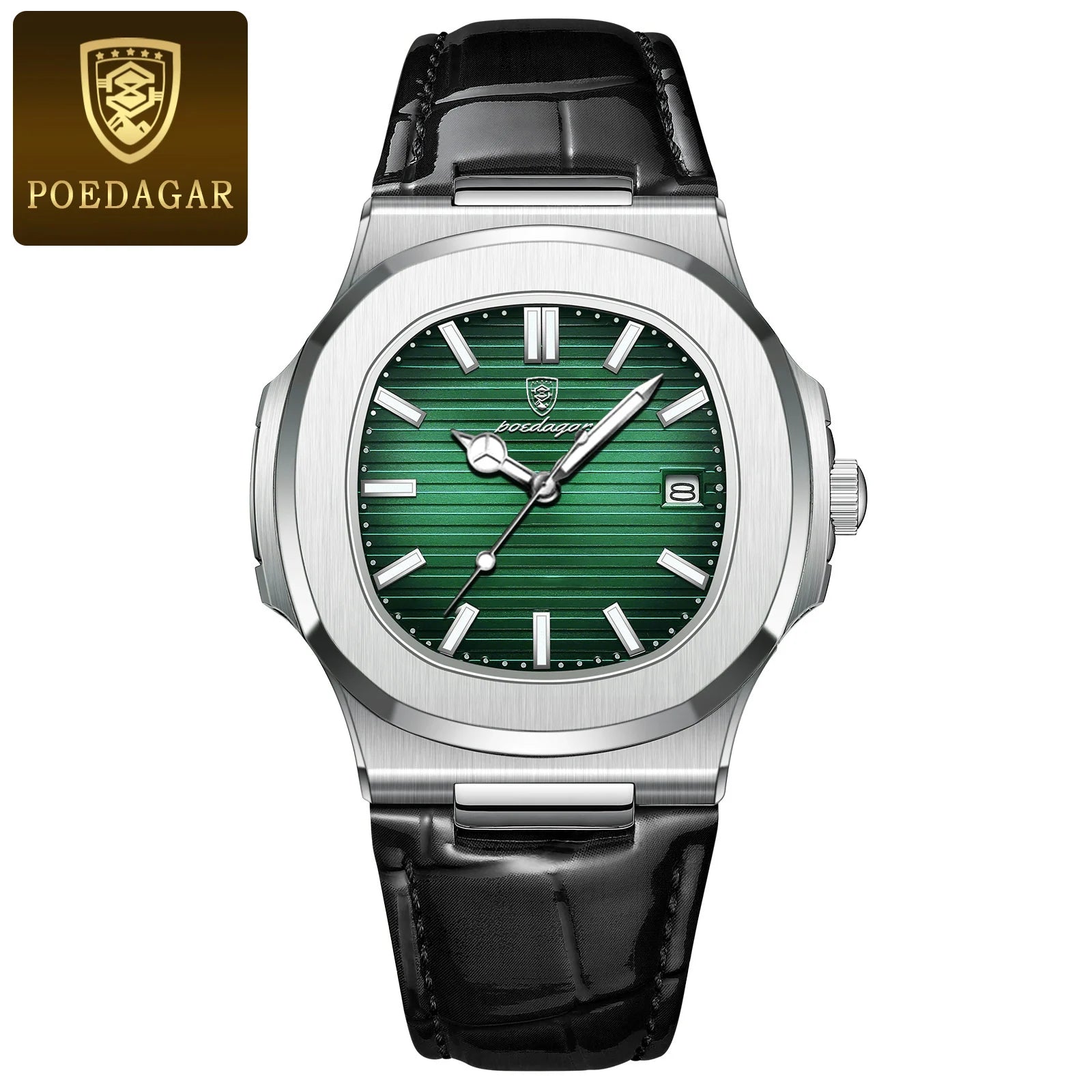 POEDAGAR elegant men’s wristwatch with green dial and black leather strap