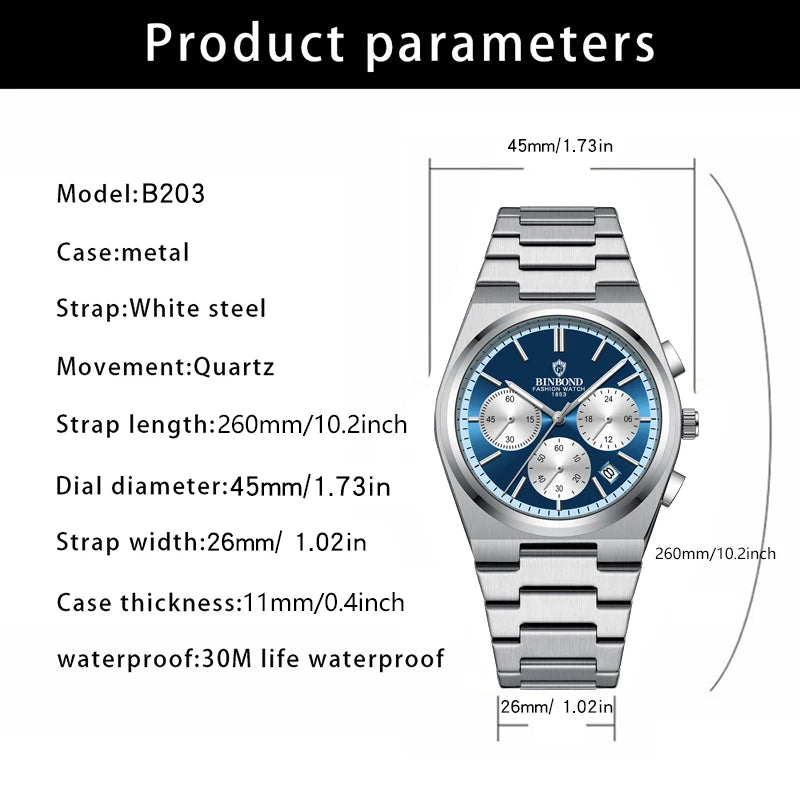 BINBOND B203 men’s chronograph watch in stainless steel, stopwatch, and full calendar