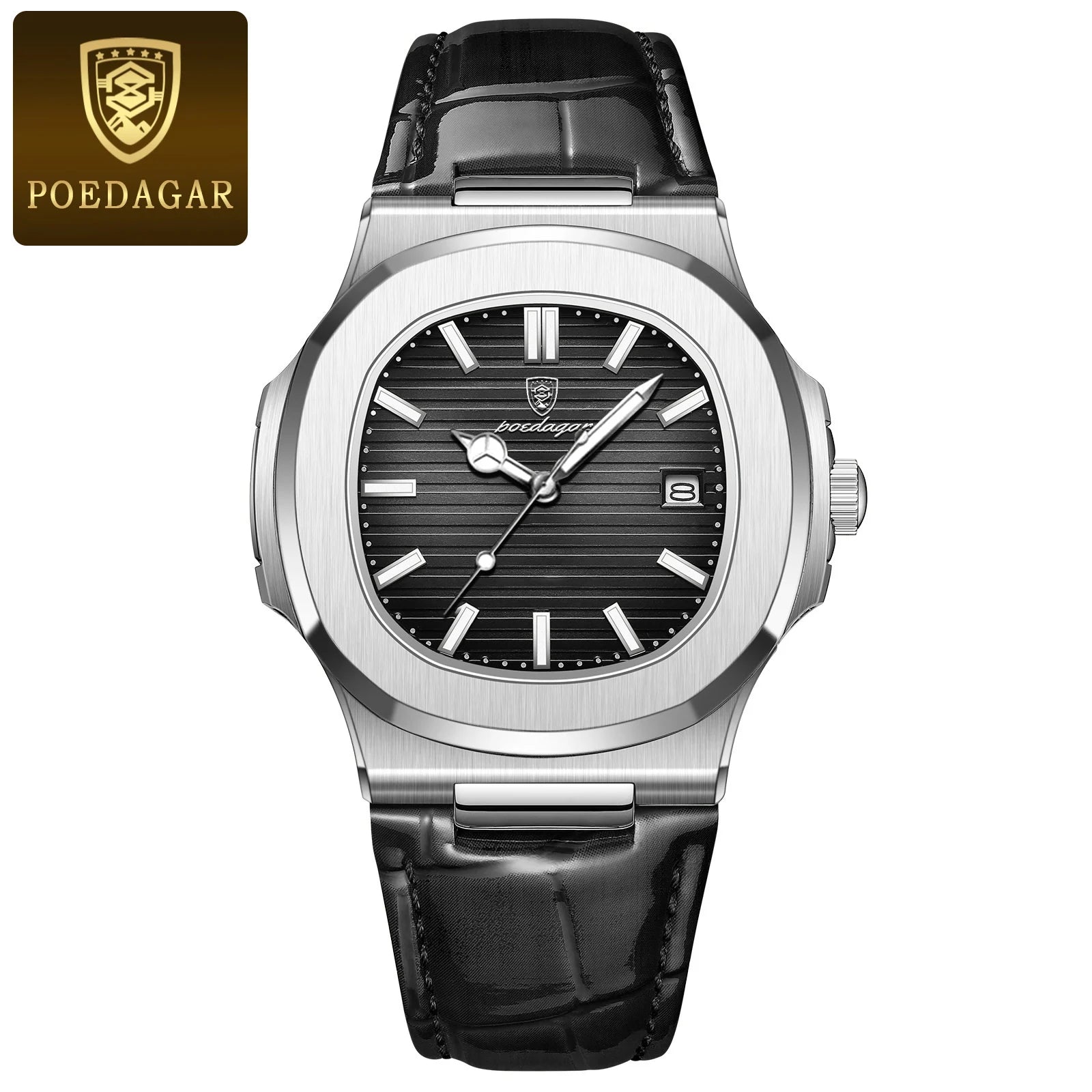 POEDAGAR formal watch with white dial and black leather band