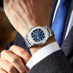 POEDAGAR stainless steel men’s watch with blue dial and date window