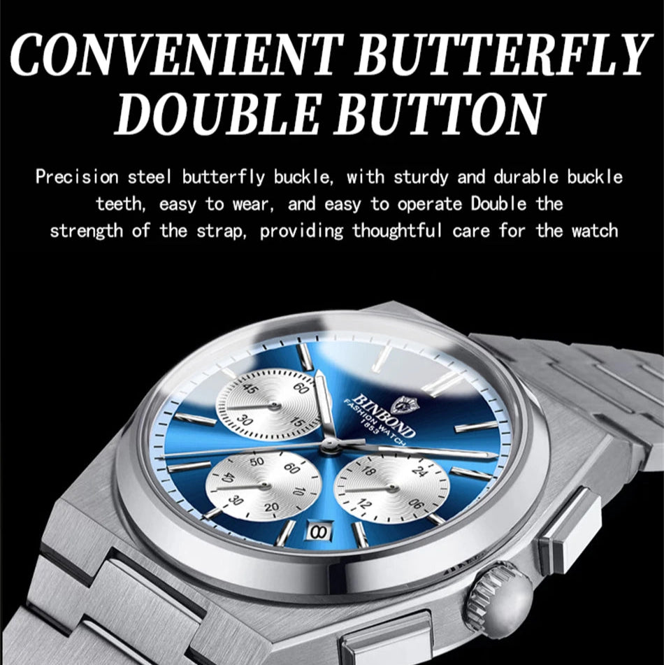 BINBOND B203 men’s chronograph watch in stainless steel, stopwatch, and full calendar