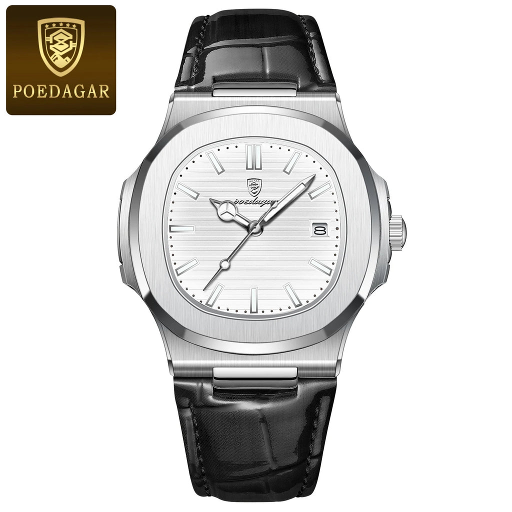 POEDAGAR formal watch with white dial and black leather band