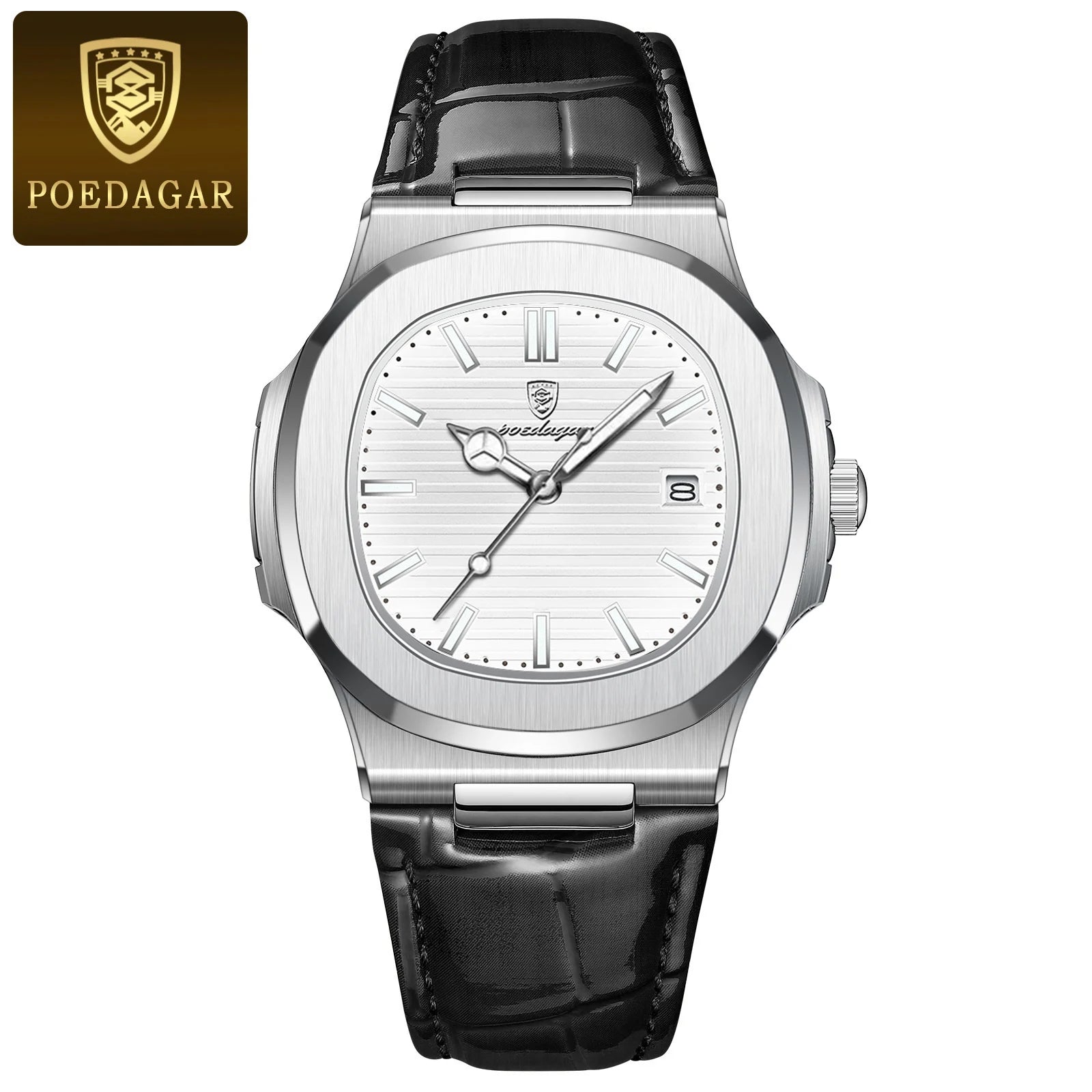 POEDAGAR formal watch with white dial and black leather band