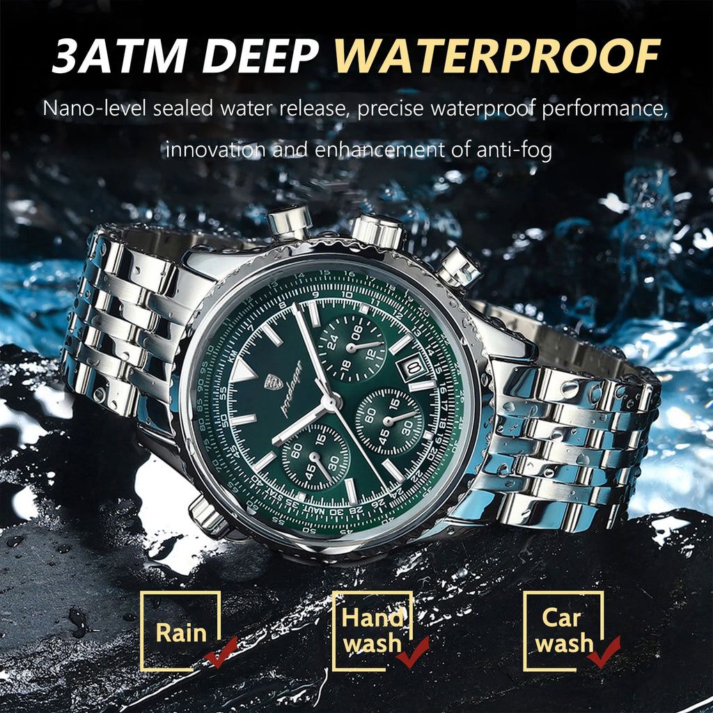 POEDAGAR men's silver chronograph watch with deep blue dial, stainless steel bracelet and luminous markers