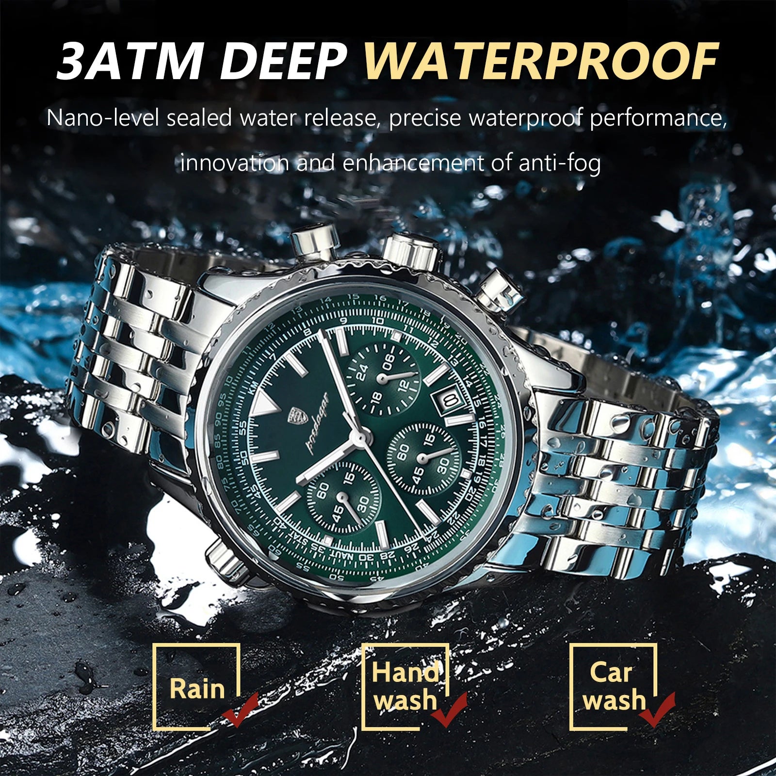 POEDAGAR men's silver chronograph watch with deep blue dial, stainless steel bracelet and luminous markers
