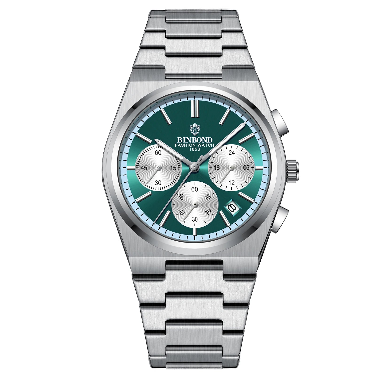 BINBOND B203 men’s chronograph watch in stainless steel, stopwatch, and full calendar