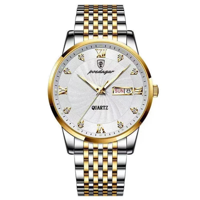 POEDAGAR men’s watch in silver and gold with white spiral dial and day-date display