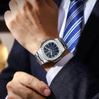 Silver square watch with blue dial and full calendar by POEDAGAR