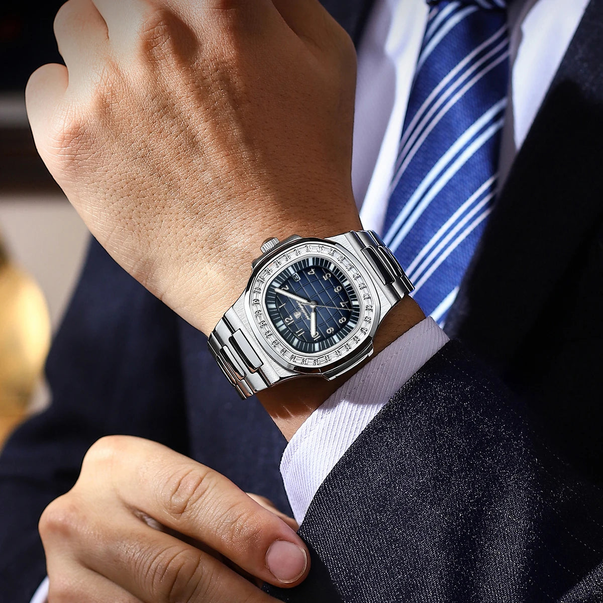 Silver square watch with blue dial and full calendar by POEDAGAR
