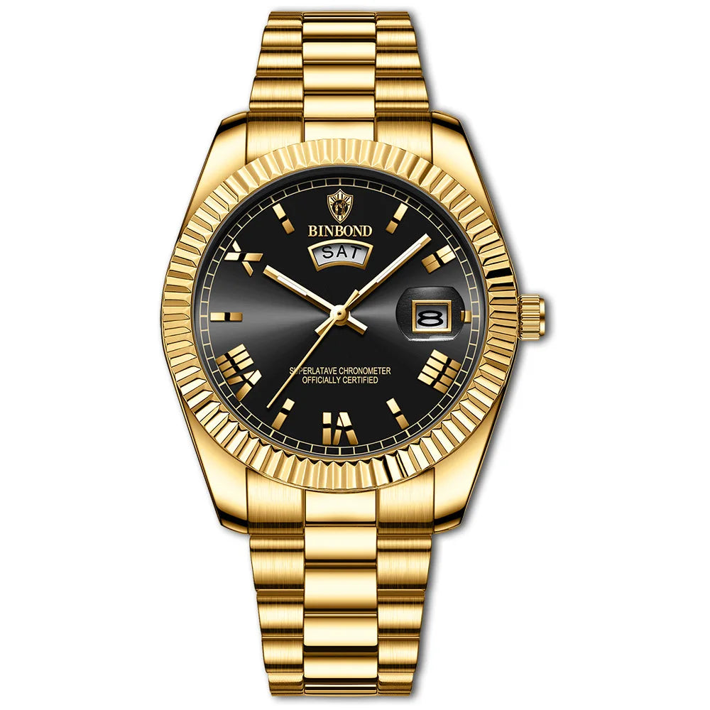 Gold tone BINBOND men’s watch with classic fluted bezel and calendar