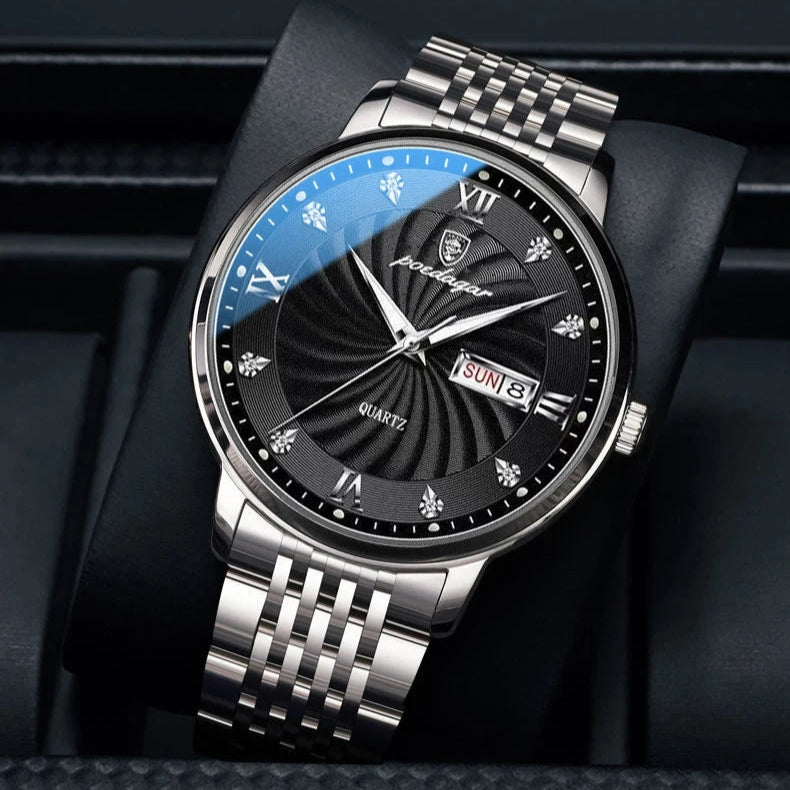 Two-tone quartz watch for men with black dial and stainless steel bracelet