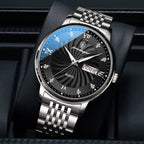 Two-tone quartz watch for men with black dial and stainless steel bracelet