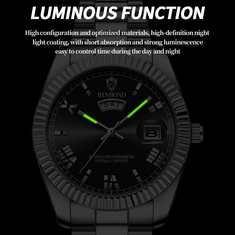 BINBOND B7012 silver men’s watch with black dial and day-date display