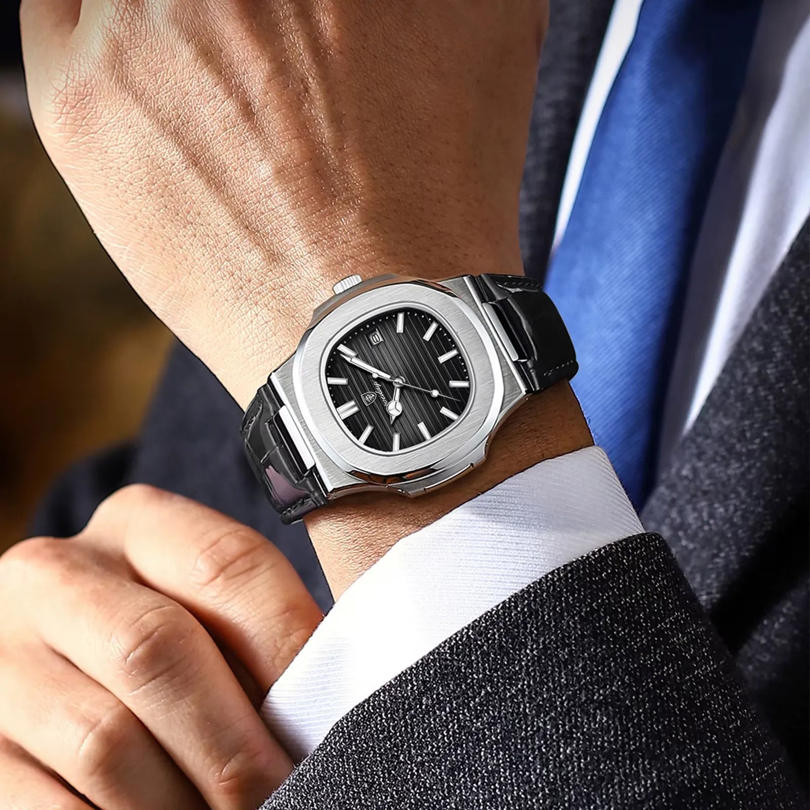POEDAGAR formal watch with white dial and black leather band