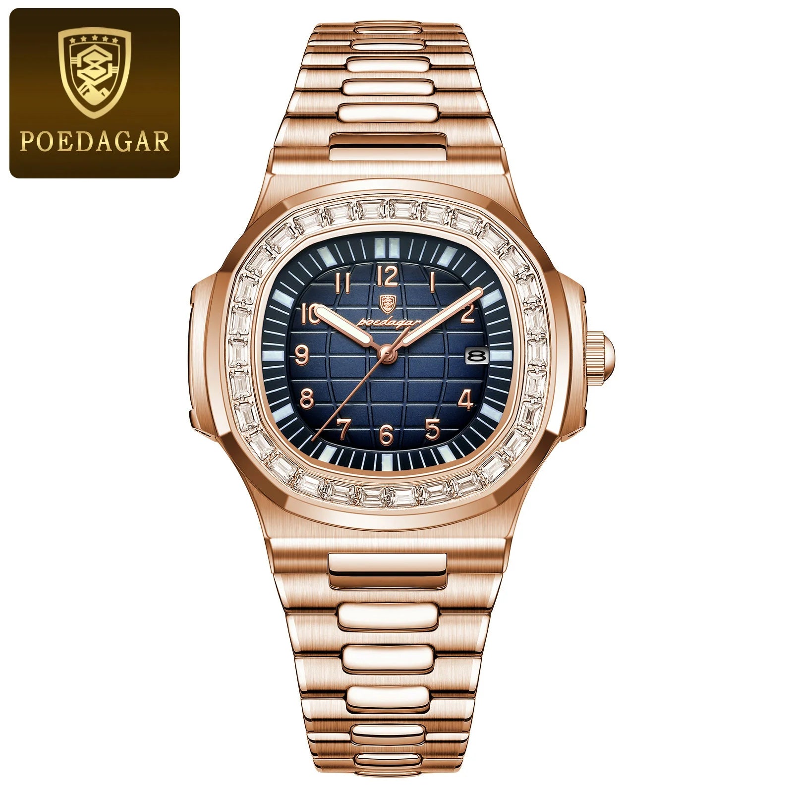 POEDAGAR rose gold watch with blue dial and luminous display