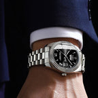BINBOND B7012 silver men’s watch with black dial and day-date display