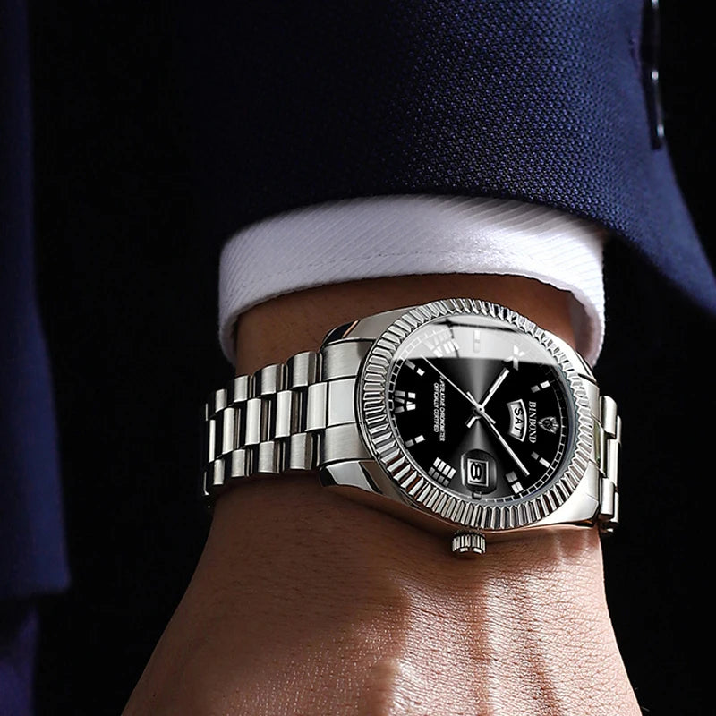 BINBOND B7012 silver men’s watch with black dial and day-date display