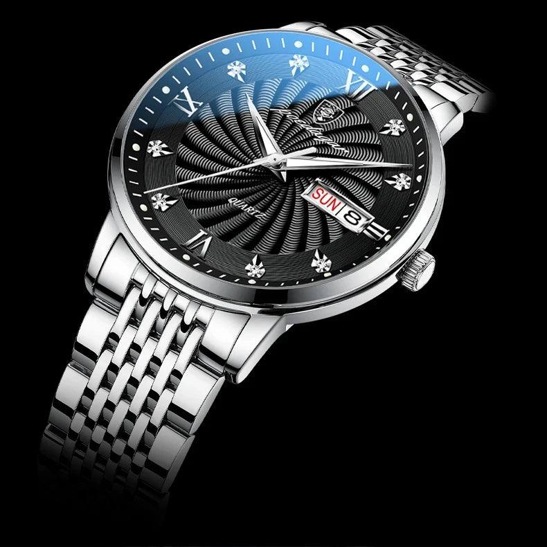 Two-tone quartz watch for men with black dial and stainless steel bracelet